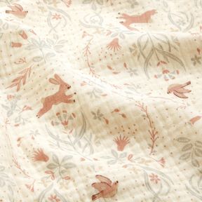 Muselina/doble arruga Pájaro y conejo en el jardín de flores – blanco lana, 