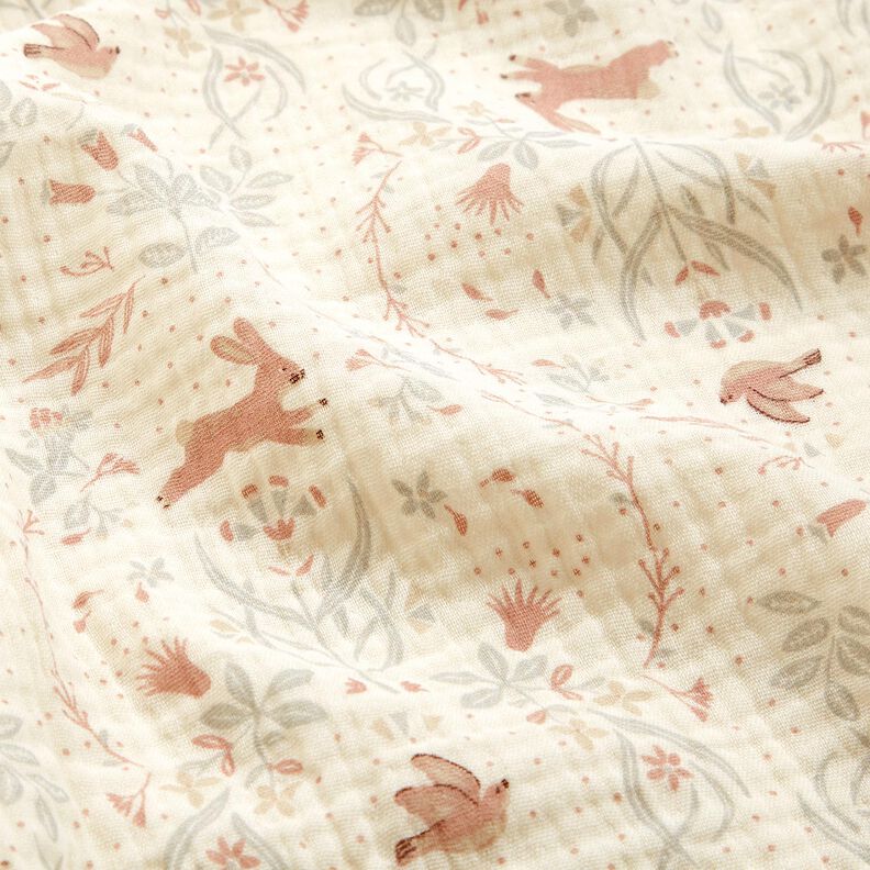 Muselina/doble arruga Pájaro y conejo en el jardín de flores – blanco lana,  image number 2