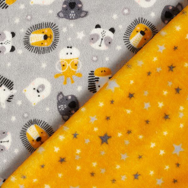 Polar suave Tela de doble cara Estrellas y animales con gafas – gris brumoso/amarillo sol – Muestra,  image number 1