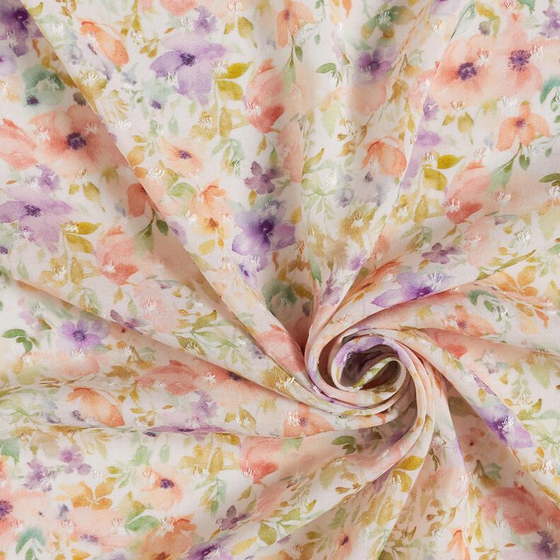Tela de viscosa Dobby con estampado digital de acuarela mar de flores – marfil/lavanda,  image number 3