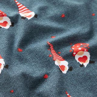 Tela de jersey de algodón Duendes navideños con corazones – azul vaquero/rojo fuego, 