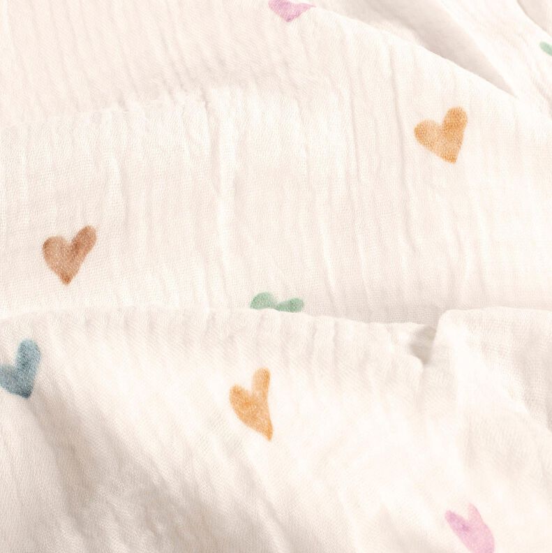 Muselina/doble arruga Corazones de colores Impresión digital – blanco,  image number 2