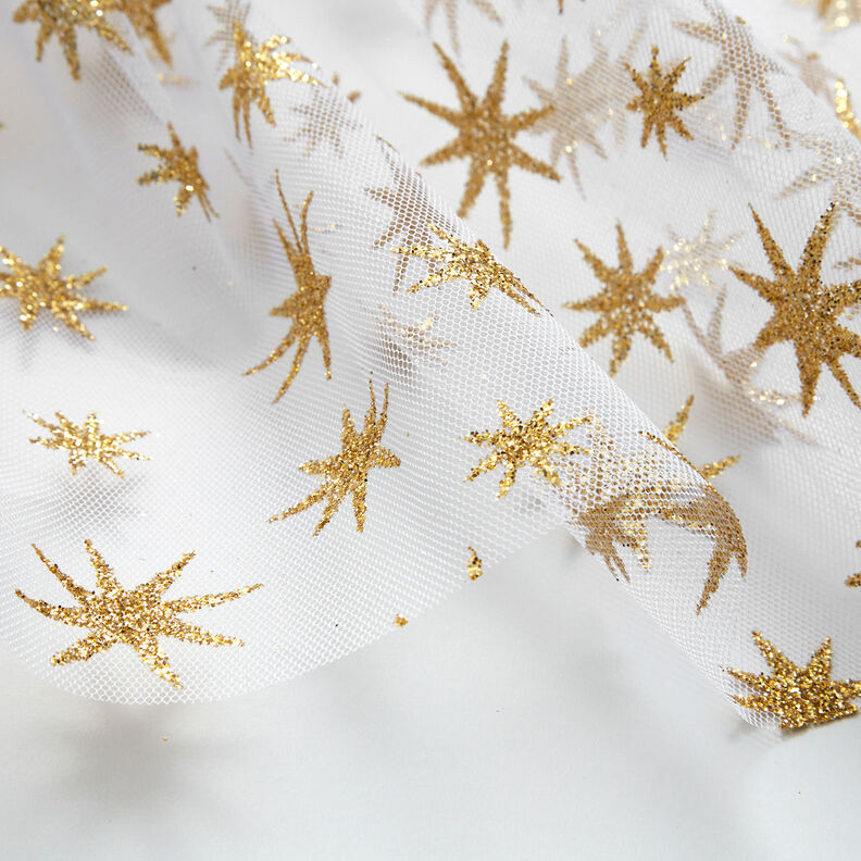 Tul con estrellas brillantes – blanco/dorado,  image number 5