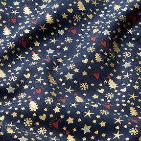 Tela de algodón Popelina Corazones y estrellas – azul noche/dorado, 