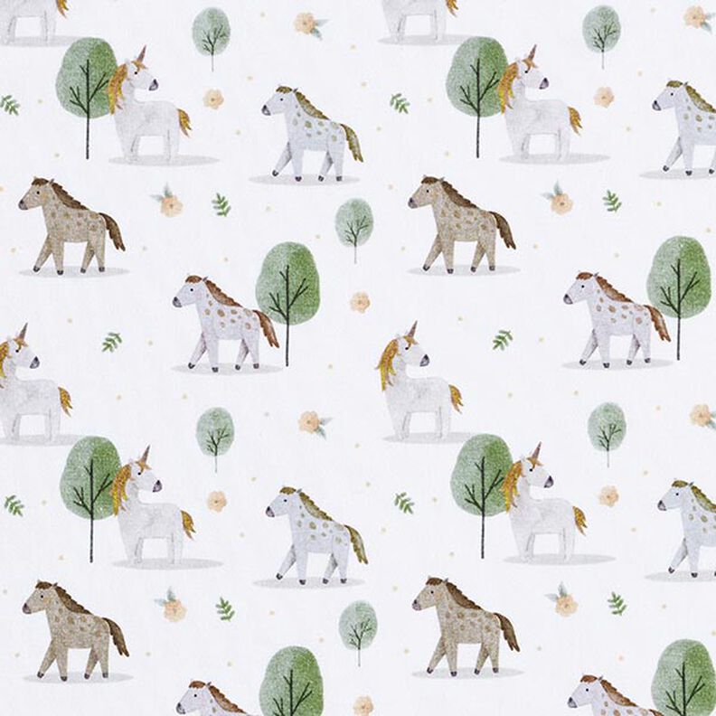 Tela de jersey de algodón orgánico Caballos y unicornios Impresión digital – blanco lana,  image number 1