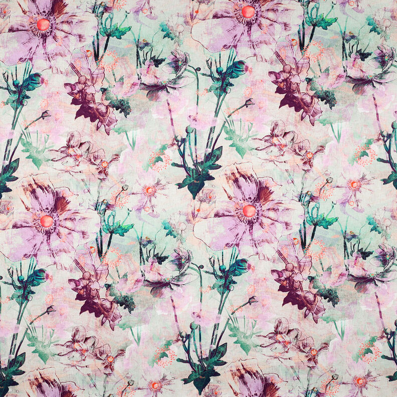 Satén de algodón Japenese Anemone | Nerida Hansen – naturaleza/lila pastel,  image number 1