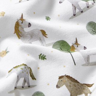 Tela de jersey de algodón orgánico Caballos y unicornios Impresión digital – blanco lana, 