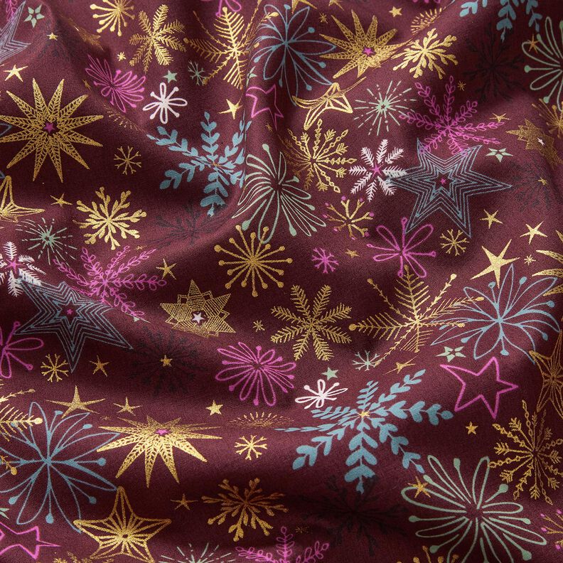 Tela de algod&oacute;n Popelina Mezcla de estrellas &ndash; burdeos/dorado,  image number 2