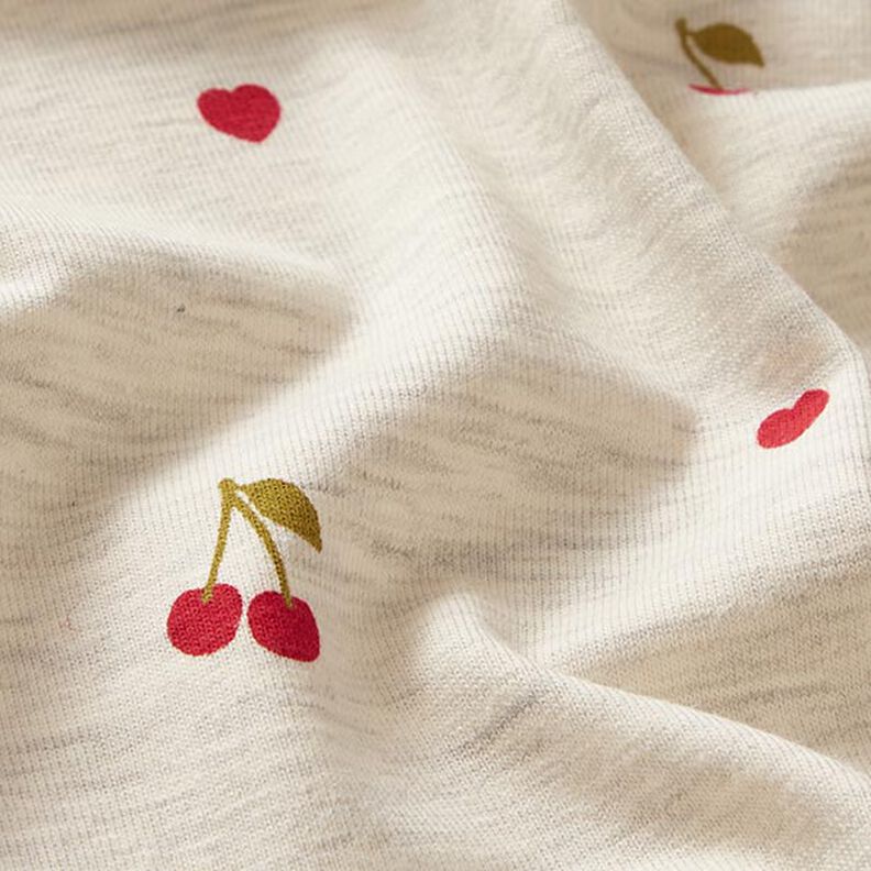 Tela de jersey de algodón Cerezas y corazones – naturaleza/gris claro,  image number 2