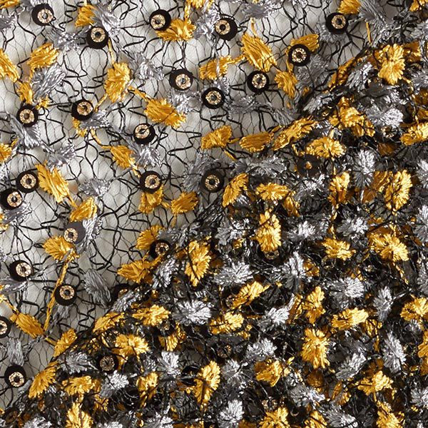 Tela de encaje con enredaderas de flores y lentejuelas – negro/dorado,  image number 4