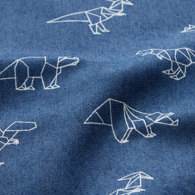 Tela vaquera Stretch Dinosaurios de origami – azul vaquero,  image number 2