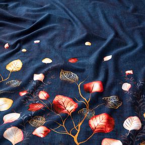 Felpa francesa Tela ribeteada Hojas de otoño | Glitzerpüppi – azul marino/naranja melocotón, 