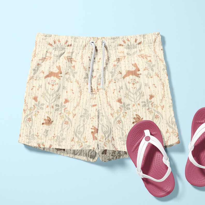 Muselina/doble arruga Pájaro y conejo en el jardín de flores – blanco lana,  image number 6