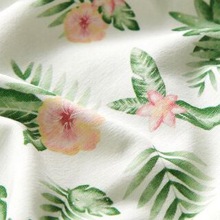 Tela de jersey de algodón Hojas de la selva y flores tropicales Impresión digital – blanco lana, 