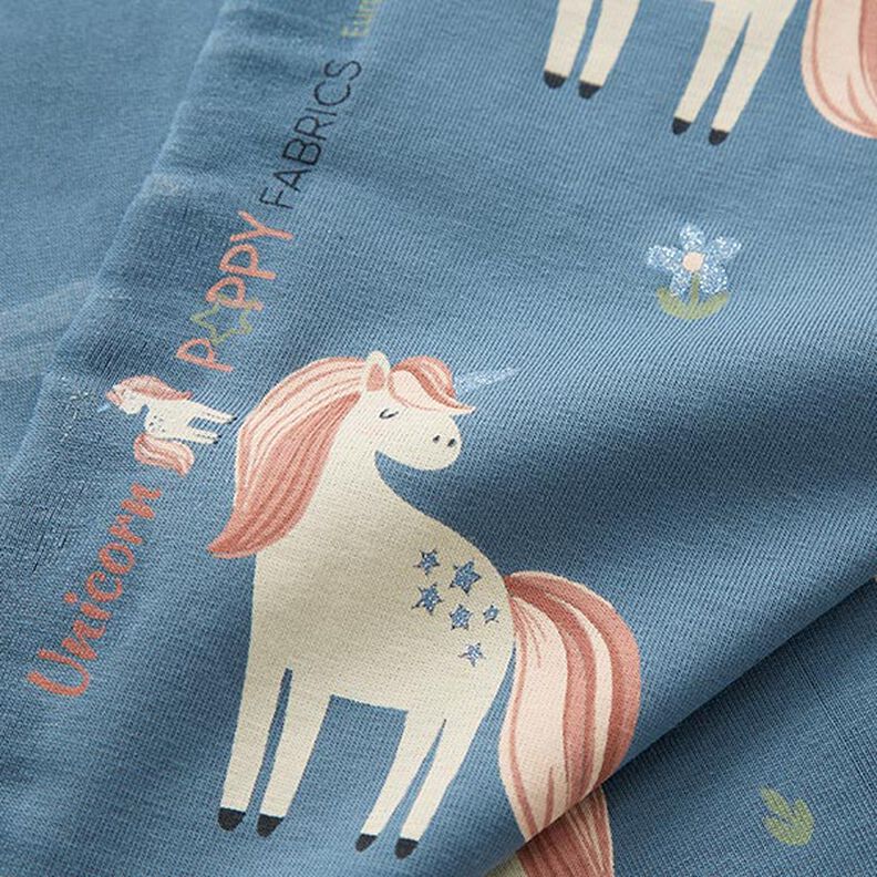 Tela de jersey de algodón Dulces unicornios brillantes – azul gris,  image number 3