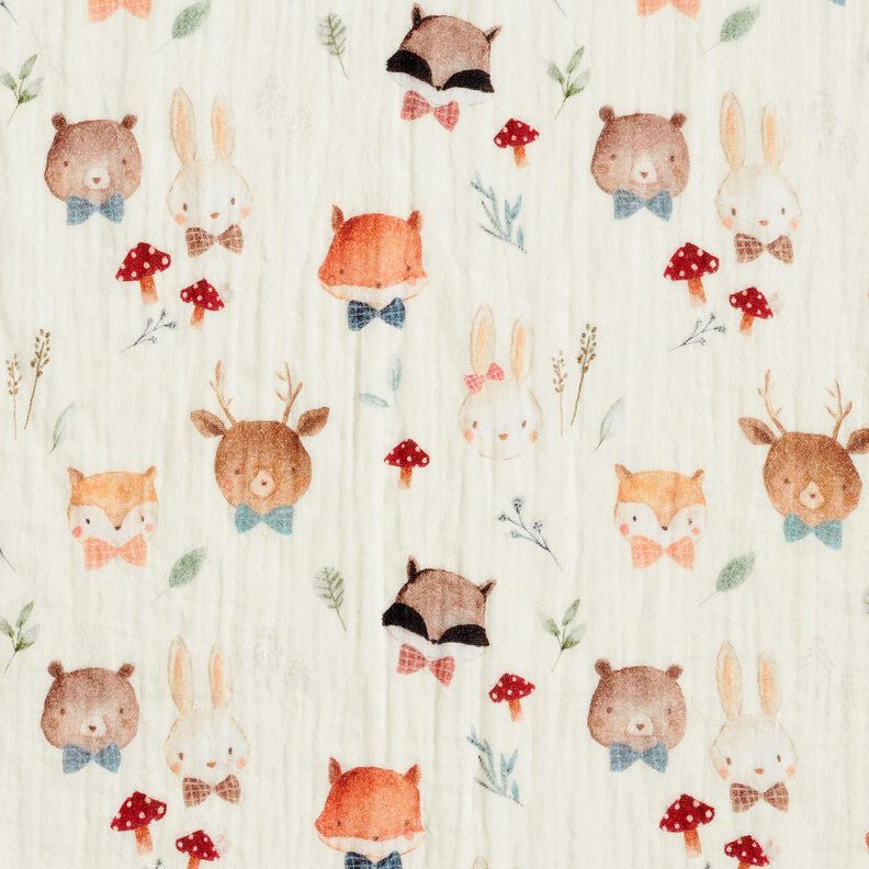 Muselina/doble arruga Cabezas de animales del bosque Impresión digital – blanco lana,  image number 1