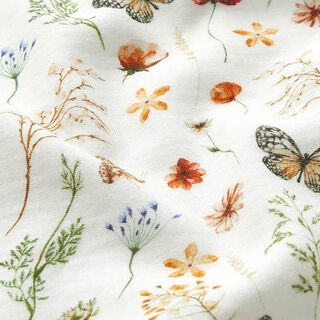 GOTS Muselina/doble arruga Prado de flores con mariposas Impresión digital – blanco lana, 