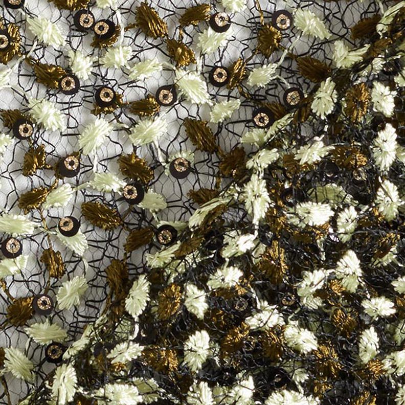Tela de encaje con enredaderas de flores y lentejuelas – negro/oliva,  image number 4