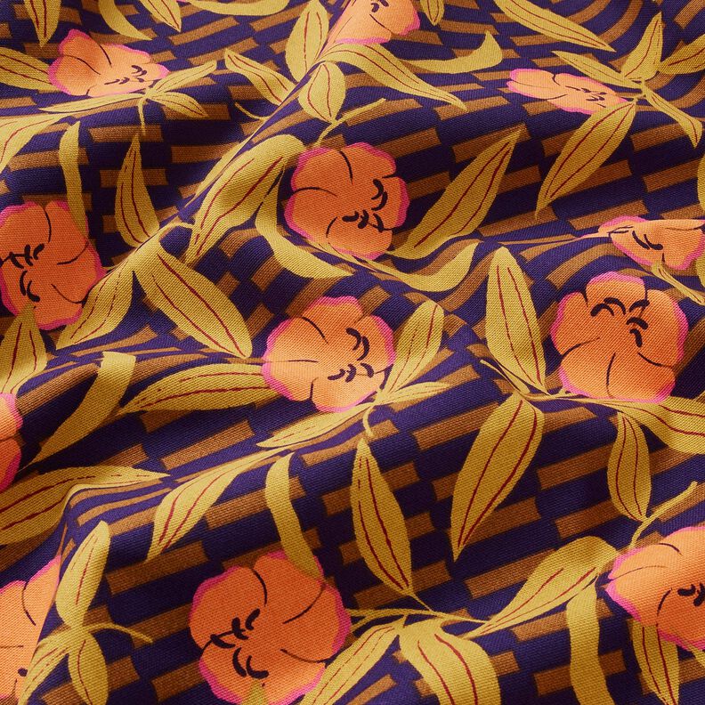 Tela decorativa Panama media Flores coloridas &ndash; berenjena/naranja claro,  image number 2