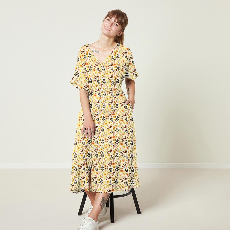 Mezcla de lino y viscosa Hojas de otoño – beige claro/naranja,  image number 5