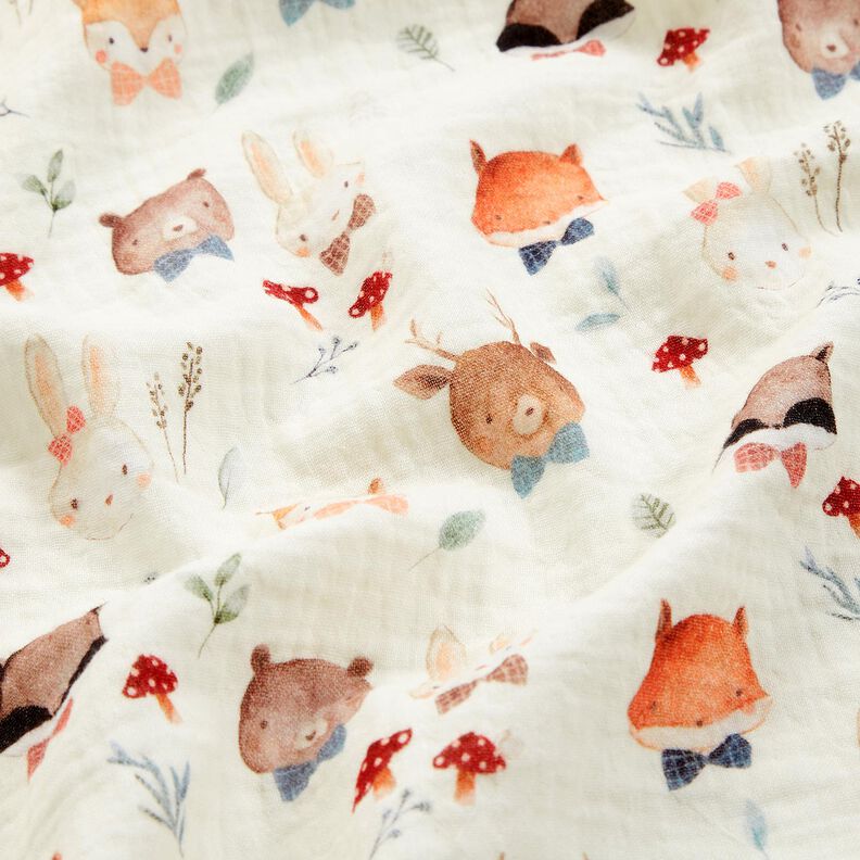Muselina/doble arruga Cabezas de animales del bosque Impresión digital – blanco lana,  image number 2