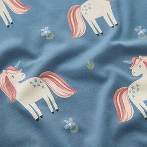 Tela de jersey de algodón Dulces unicornios brillantes – azul gris, 