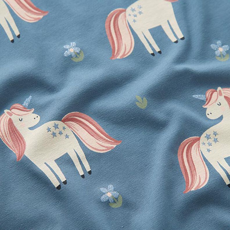 Tela de jersey de algodón Dulces unicornios brillantes – azul gris,  image number 2