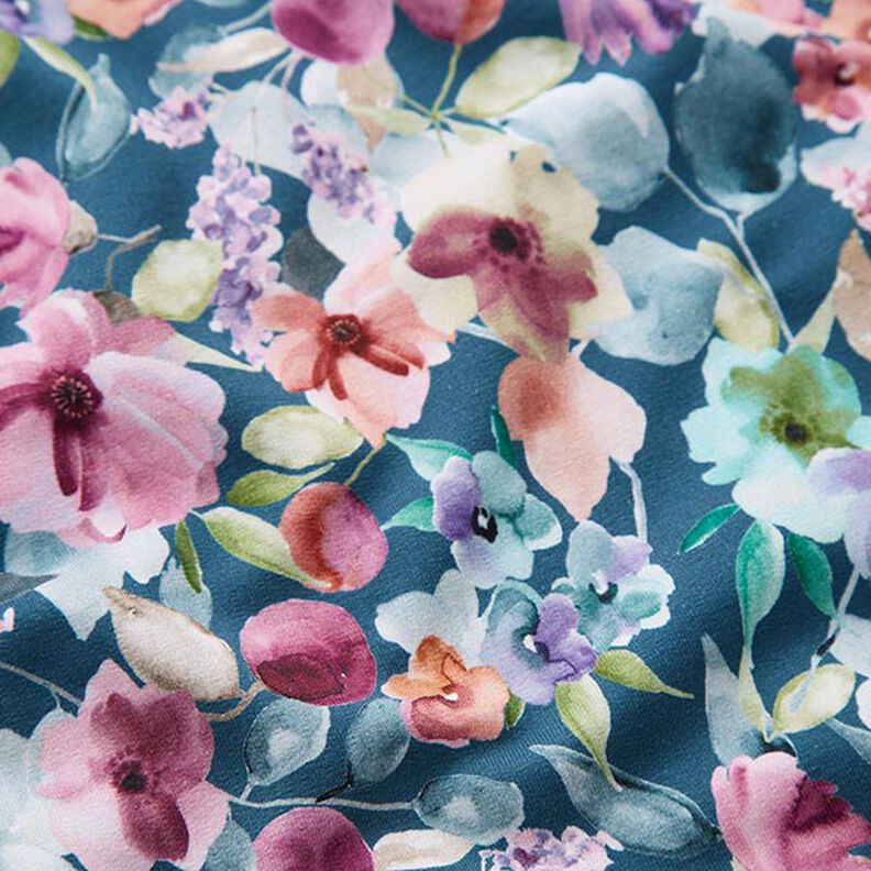 Felpa francesa veraniega Prado de flores en acuarela Impresión digital – azul océano,  image number 2