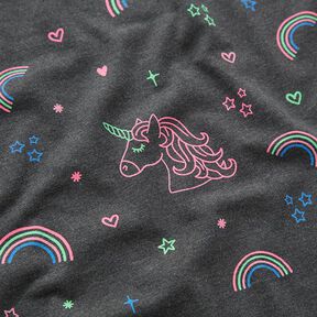 Tela de jersey de algodón Unicornios de neón y arcoíris. – antracito, 