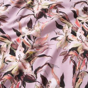 Tela de jersey de algodón Impresión digital de lirios grandes – violeta pastel/greige, 
