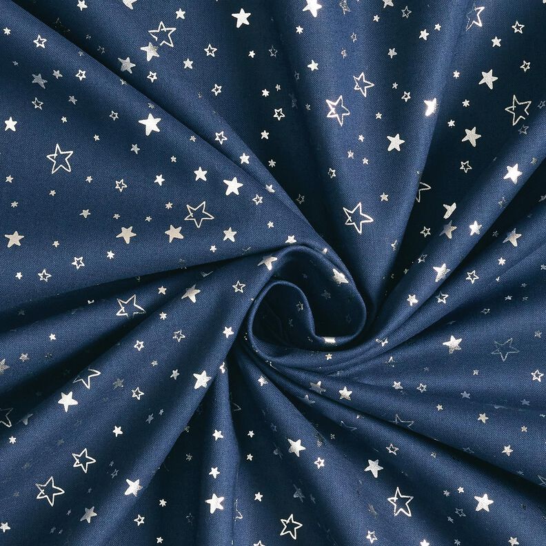 Tela de algodón Popelina Estampado de lámina Estrellas navideñas – azul noche/plata metalizada,  image number 3