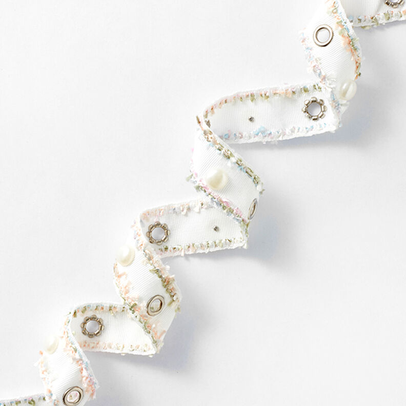 Cinta para tejer Ojales y perlas Pastel [25 mm] – blanco/rosa,  image number 1