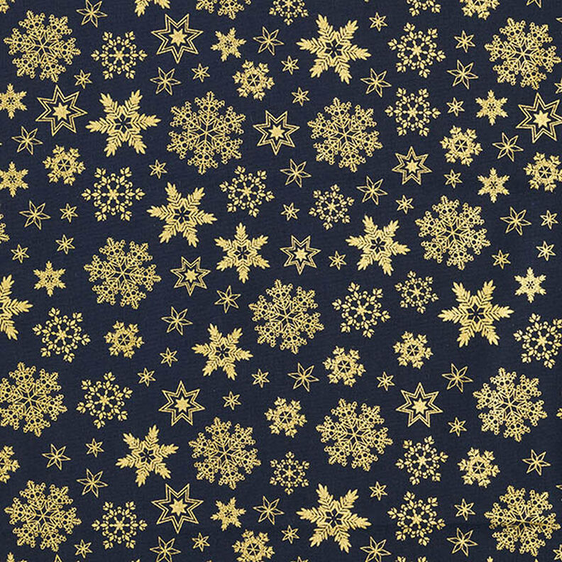 Tela de algodón Popelina Cristales de nieve – azul noche/dorado,  image number 1