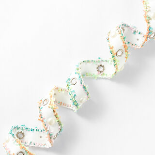 Cinta para tejer Ojales y perlas [25 mm] – blanco/verde neon, 