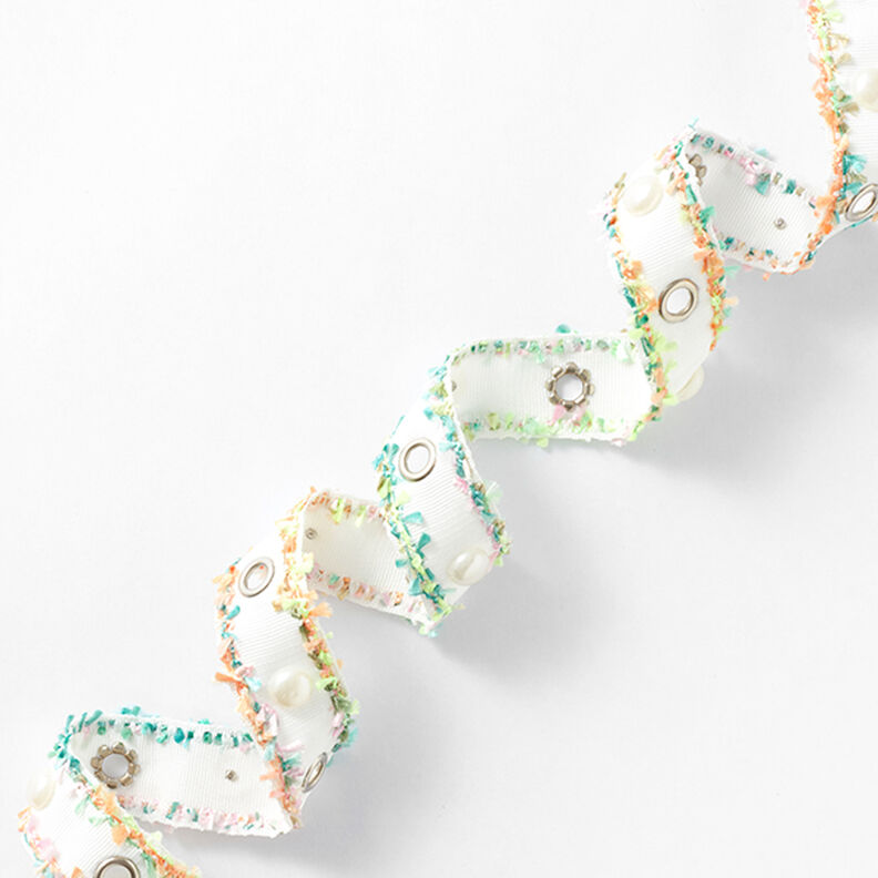 Cinta para tejer Ojales y perlas [25 mm] – blanco/verde neon,  image number 1