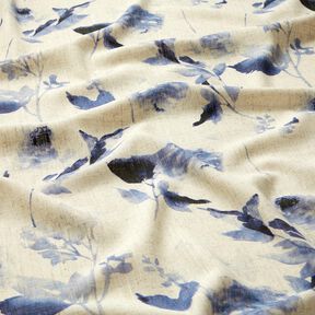 Mezcla de lino y viscosa Rosas de acuarela – naturaleza/azul marino, 