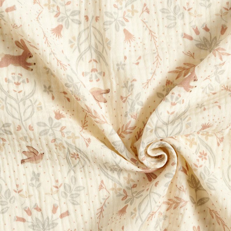 Muselina/doble arruga Pájaro y conejo en el jardín de flores – blanco lana,  image number 3