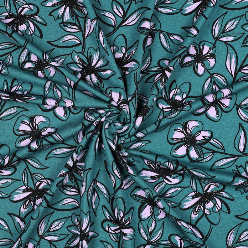 Tela de jersey romaní Flores – petroleo/lila,  image number 3