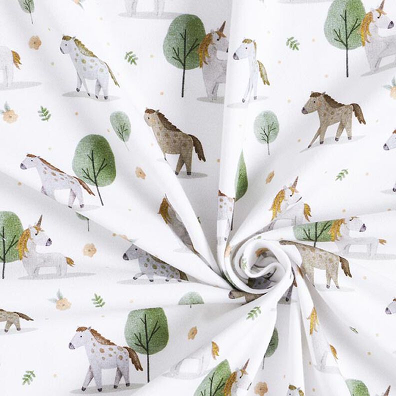 Tela de jersey de algodón orgánico Caballos y unicornios Impresión digital – blanco lana,  image number 3