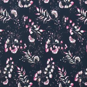 Tela de jersey de algodón Eucaliptos y hortensias | Glitzerpüppi – azul noche/rosa, 