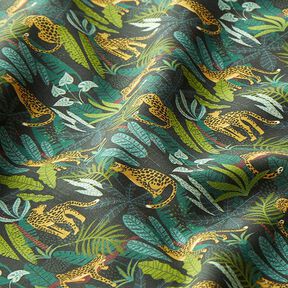 Tela decorativa Popelina de algodón Leopardos en la jungla – verde/amarillo | Retazo 50cm, 