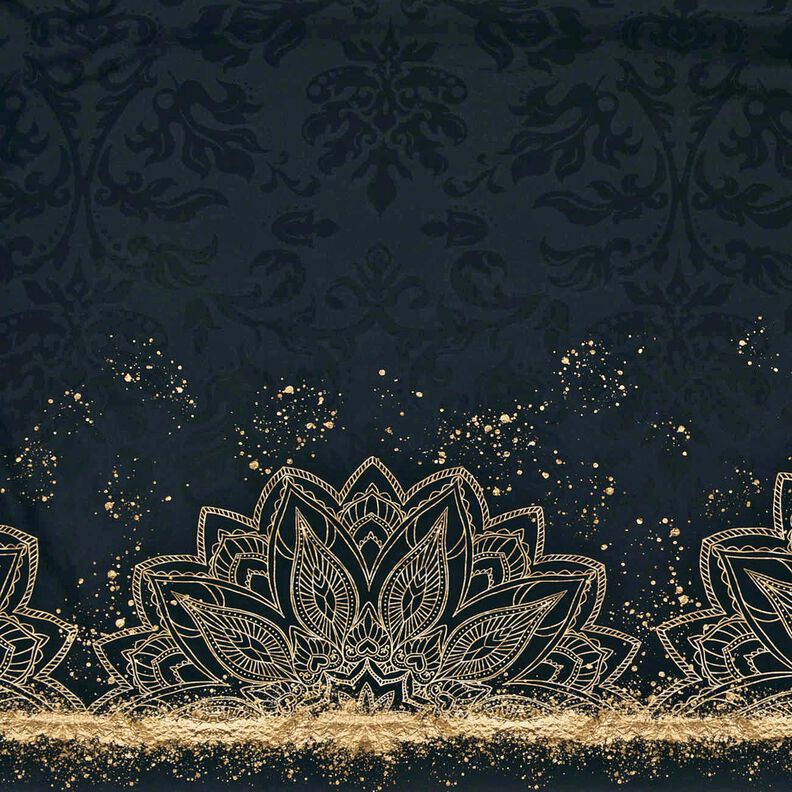 Tela de jersey de algodón Tela de cenefa mandala barroca motas doradas | Glitzerpüppi – negro,  image number 2