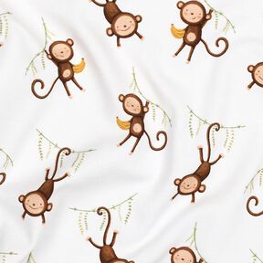 GOTS Tela de jersey de algodón Monos en la jungla Impresión digital | Poppy Fabrics – blanco/marrón, 