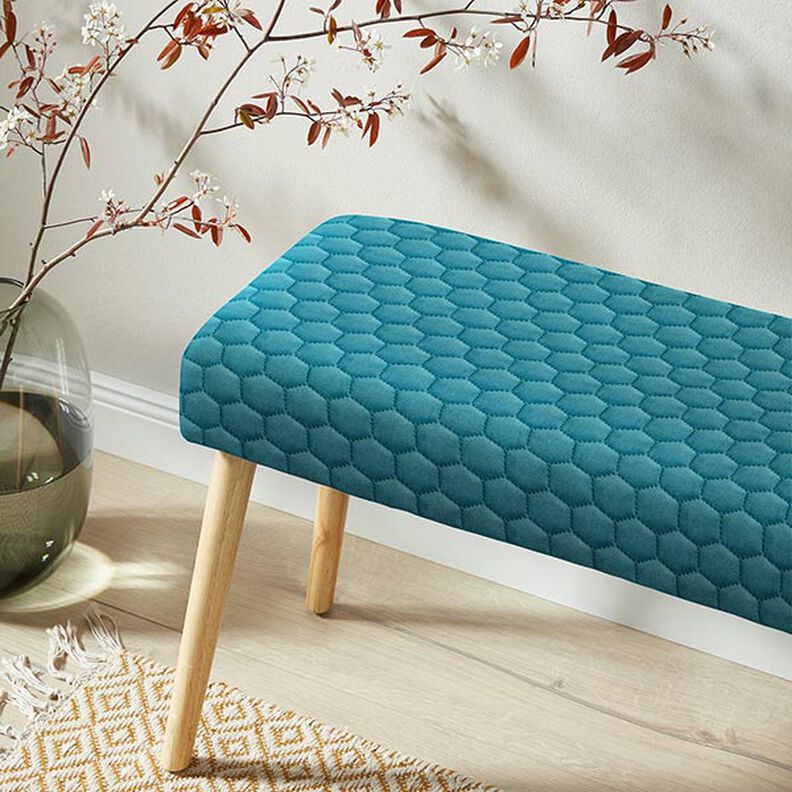 Tela de tapicería Terciopelo acolchado en diseño de panal – petroleo,  image number 8