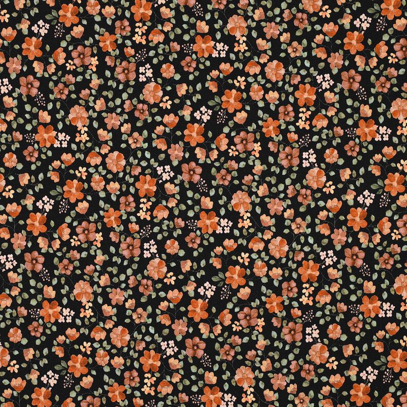 GOTS Tela de jersey de algodón Flores de otoño Impresión digital – negro/naranja melocotón,  image number 1