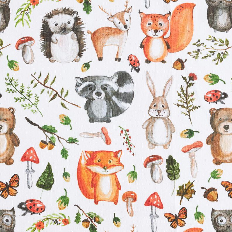 Tela decorativa Panamá media Animales del bosque pintados – blanco,  image number 1
