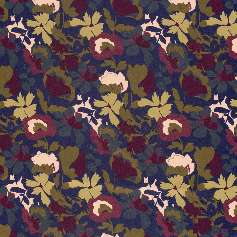 Tela de jersey romaní Campo de flores – azul marino/merlot,  image number 1