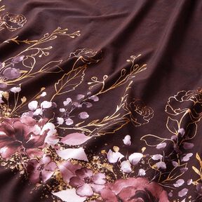 Tela de jersey de algodón Tela ribeteada Flores en purpurina dorada | Glitzerpüppi – burdeos/lila, 