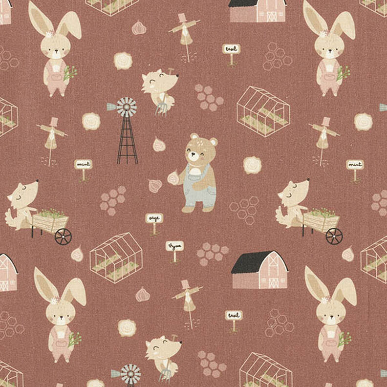 Popelina de algodón orgánica Conejos, osos y zorros jardineros – marrón oscuro,  image number 1