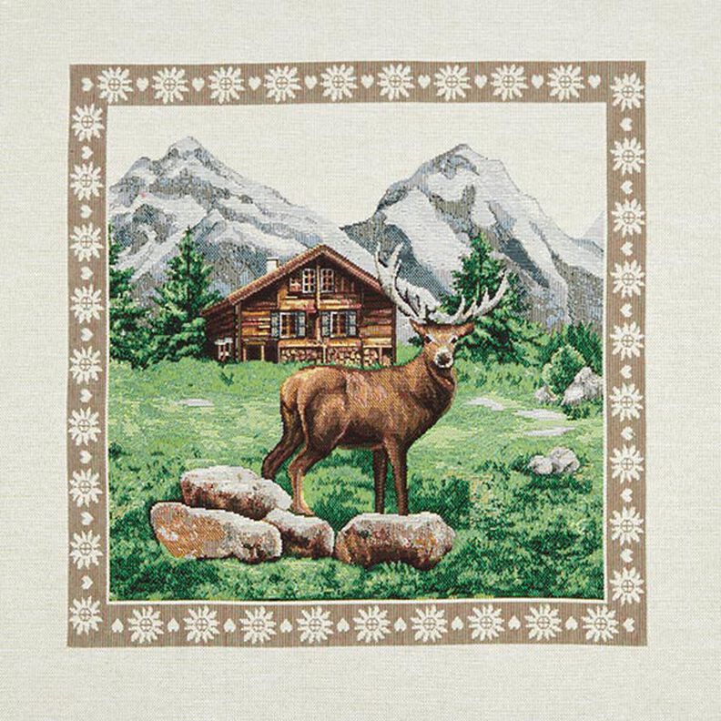 Panel decorativo Tapiz Refugio de montaña y ciervos – marrón/verde,  image number 1